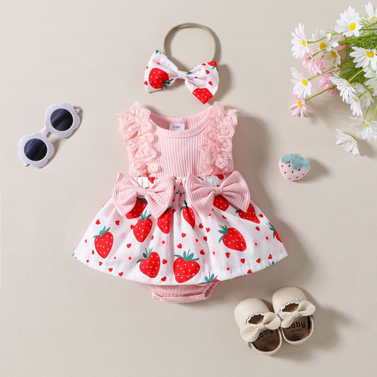 Strawberry dress and bow set for baby