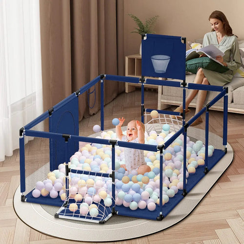 Aire de jeu bébé sécurisée avec panier de basket, buts de foot et 100 balles incluses