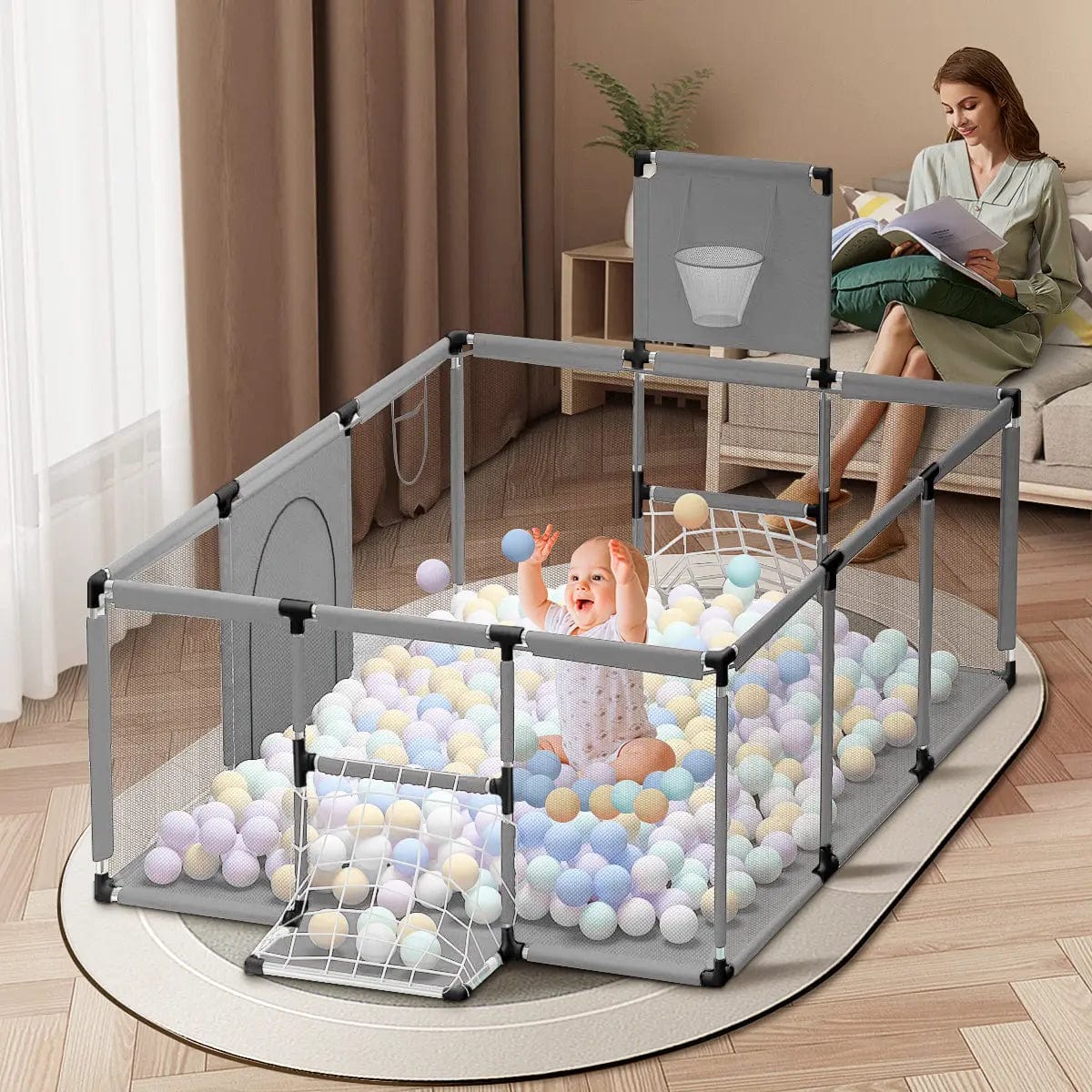 Aire de jeu bébé gris sécurisée avec panier de basket, buts de foot et 100 balles incluses