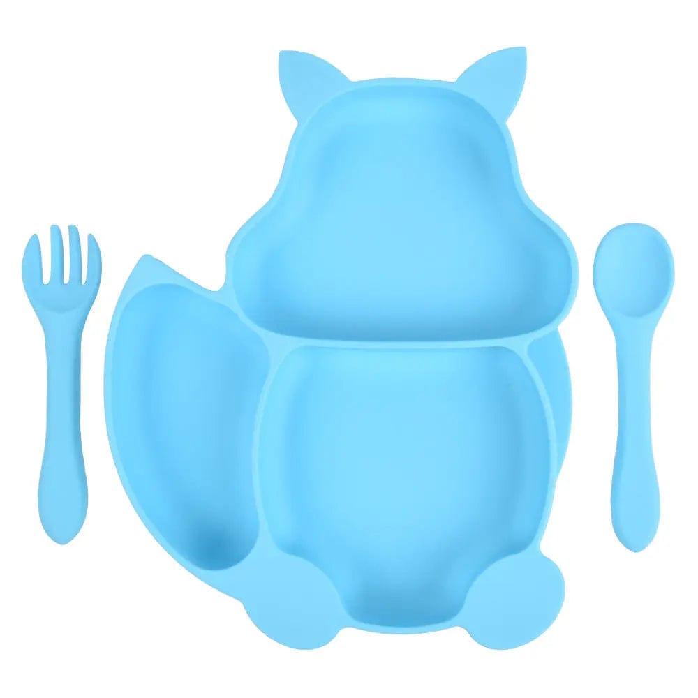 Assiette et couverts en silicone renard Bleu Mini Merveille