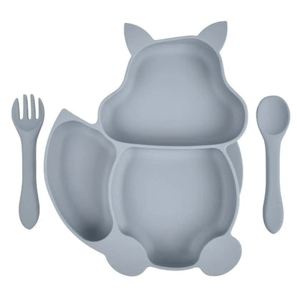 Assiette et couverts en silicone renard Gris Mini Merveille