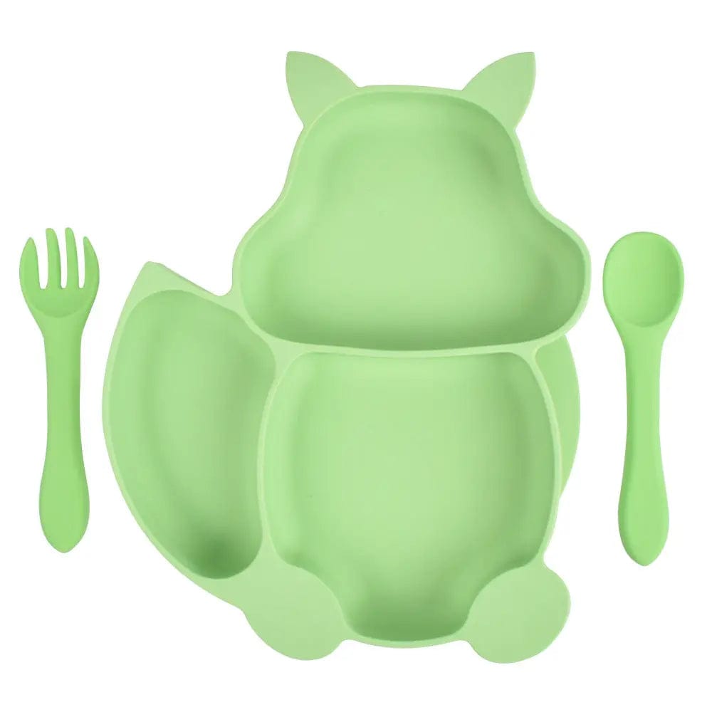 Assiette et couverts en silicone renard Vert Mini Merveille