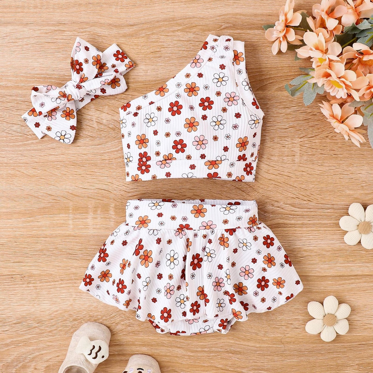 Baby Girl's Printed Floral Shoulder Culottes Three-piece Set Mini merveille