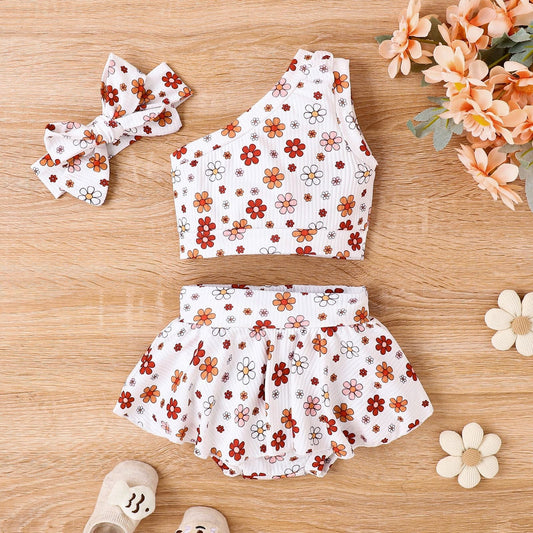 Baby Girl's Printed Floral Shoulder Culottes Three-piece Set White / 100cm Mini merveille