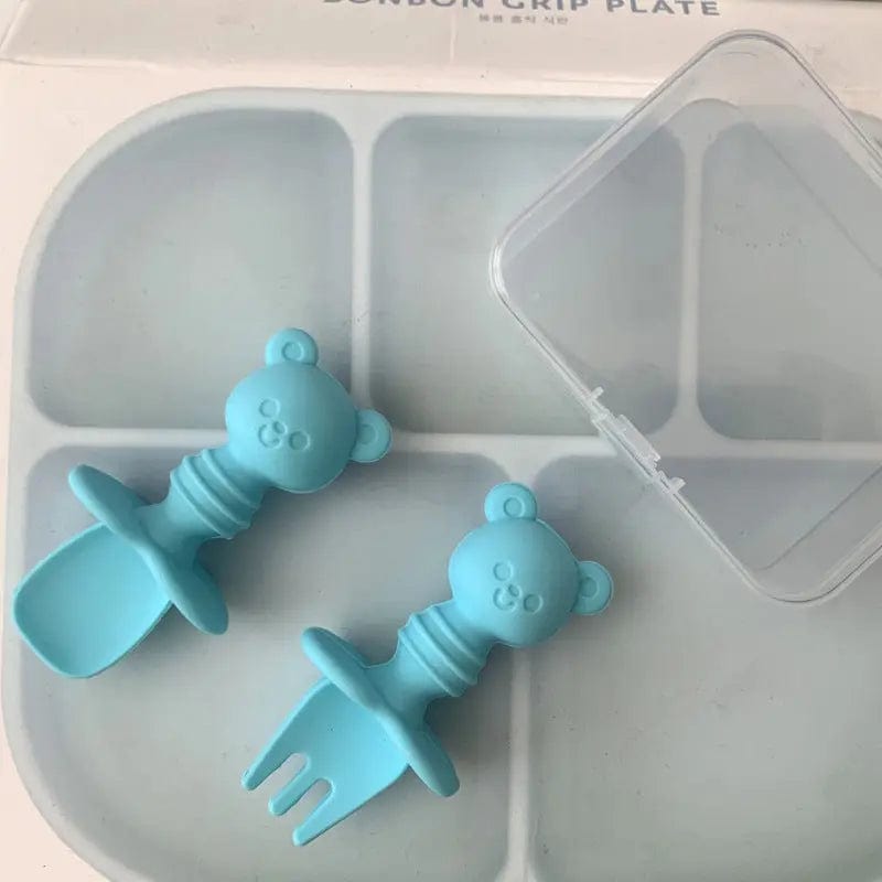 Ensemble fourchette et cuillère en silicone ourson Bleu clair Mini Merveille