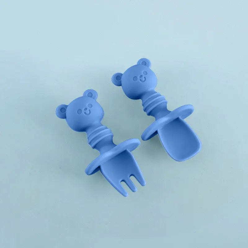 Ensemble fourchette et cuillère en silicone ourson Bleu Mini Merveille