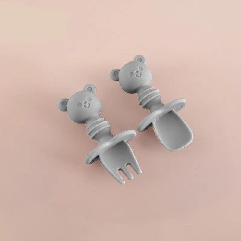 Ensemble fourchette et cuillère en silicone ourson Gris Mini Merveille