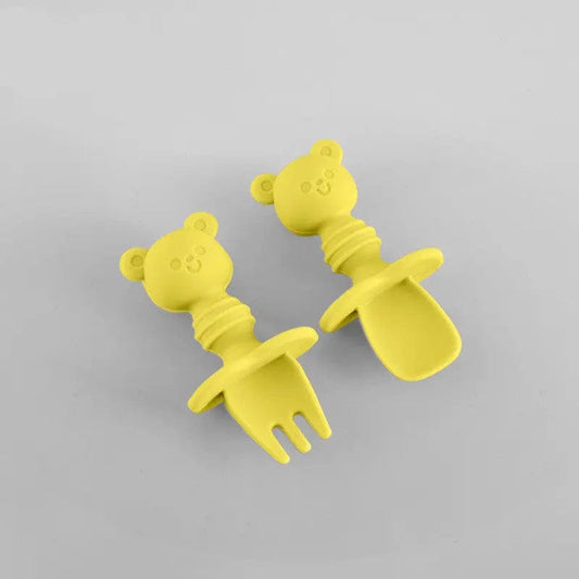 Ensemble fourchette et cuillère en silicone ourson Jaune Mini Merveille