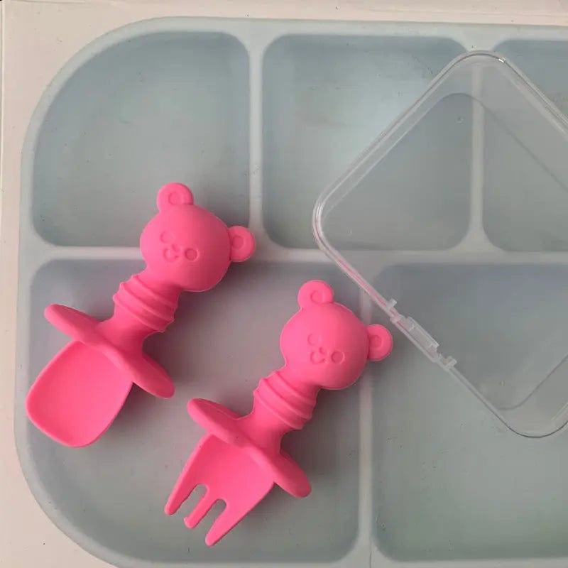 Ensemble fourchette et cuillère en silicone ourson Rose foncé Mini Merveille