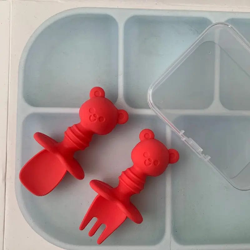 Ensemble fourchette et cuillère en silicone ourson Rouge Mini Merveille