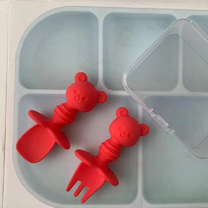 Ensemble fourchette et cuillère en silicone ourson Rouge Mini Merveille