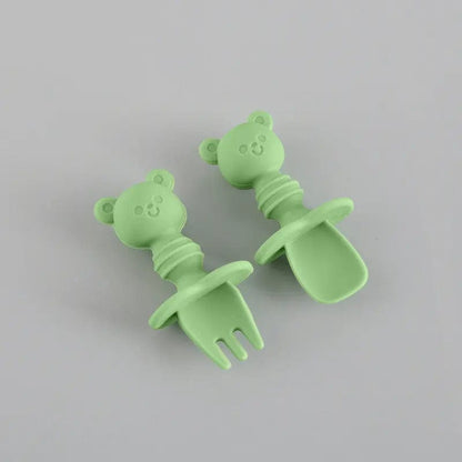 Ensemble fourchette et cuillère en silicone ourson Vert Mini Merveille