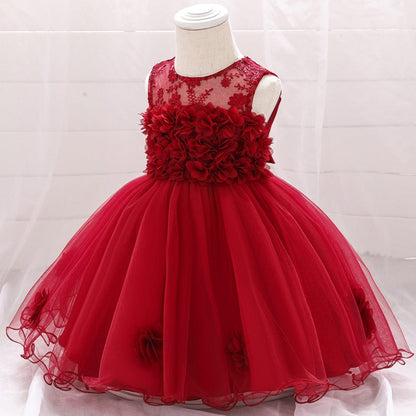 European And American Summer Children's Tube Top Flower Mesh Wedding Dress Pettiskirt Purplish Red / 70cm Mini merveille