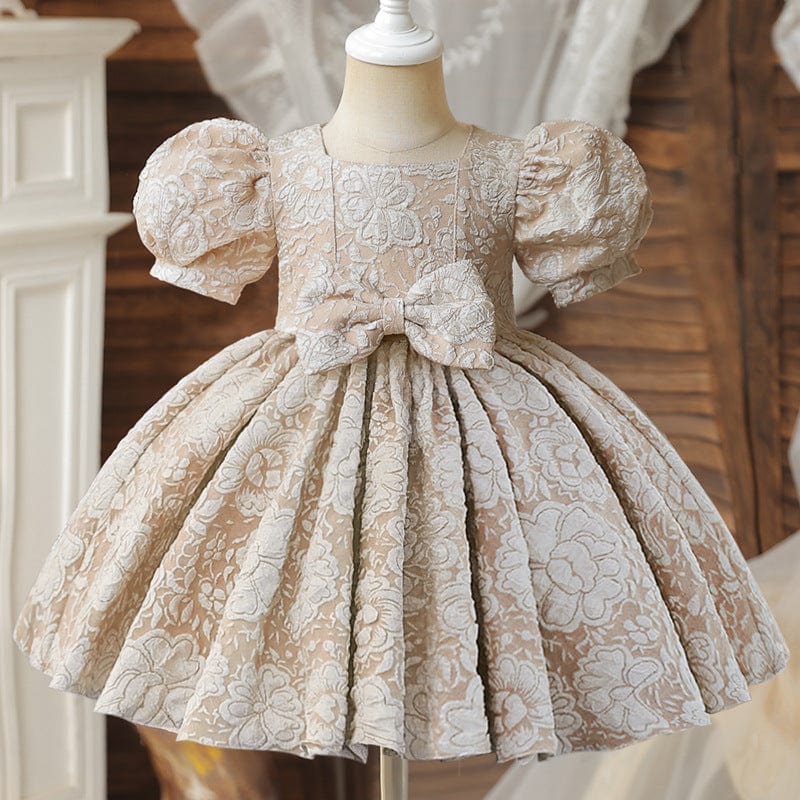 Girl's Baby Dress For One Year Old Puff Sleeve Bow Princess Dress Champagne / 100cm Mini merveille