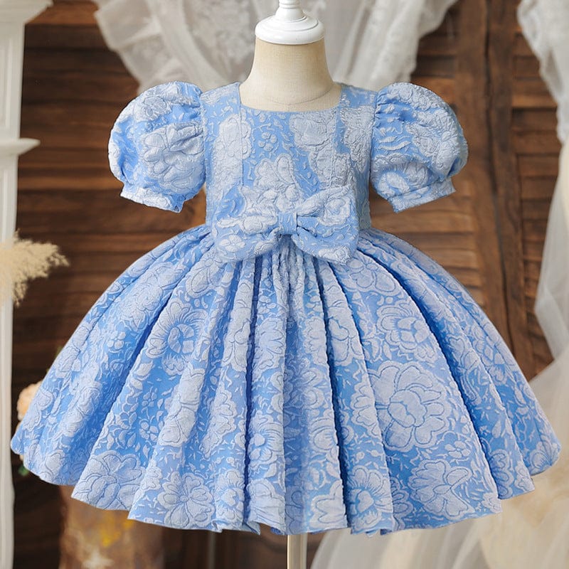 Girl's Baby Dress For One Year Old Puff Sleeve Bow Princess Dress Light Blue / 100cm Mini merveille