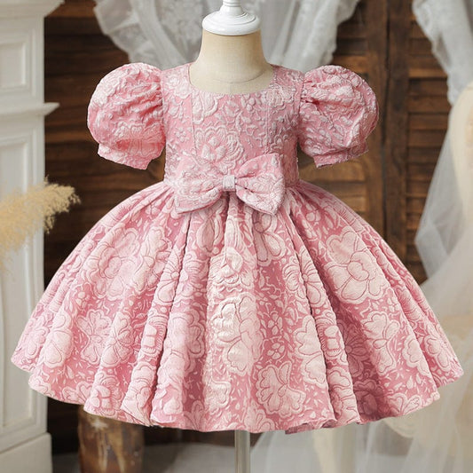 Girl's Baby Dress For One Year Old Puff Sleeve Bow Princess Dress Pink / 100cm Mini merveille