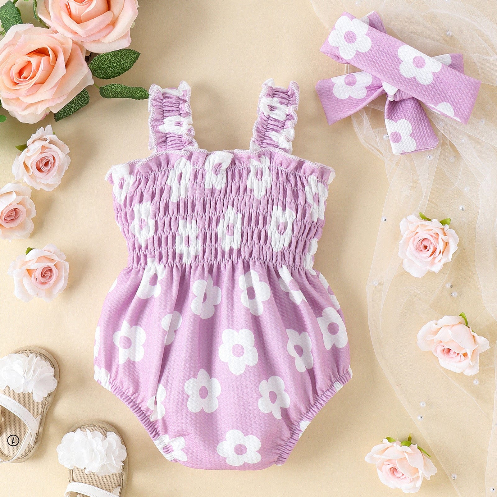 Printed Romper Bow Headscarf Baby Summer Romper Purple / 0to3M Mini merveille