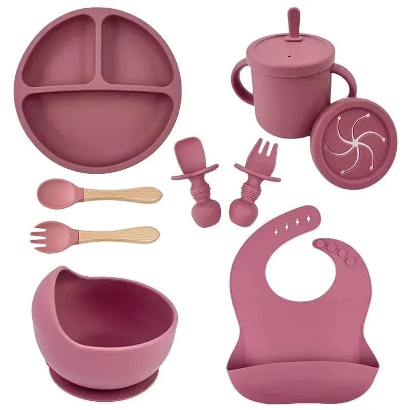 Set Repas Bébé 9 Pièces en Silicone - Mini merveille14:200002130Pink 9PCS Wood Set
