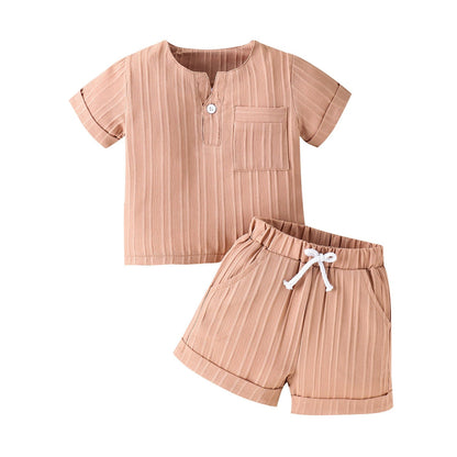 Solid Color And V-neck Short-sleeved Shorts Suit Two-piece Set Khaki / 12to18m Mini merveille