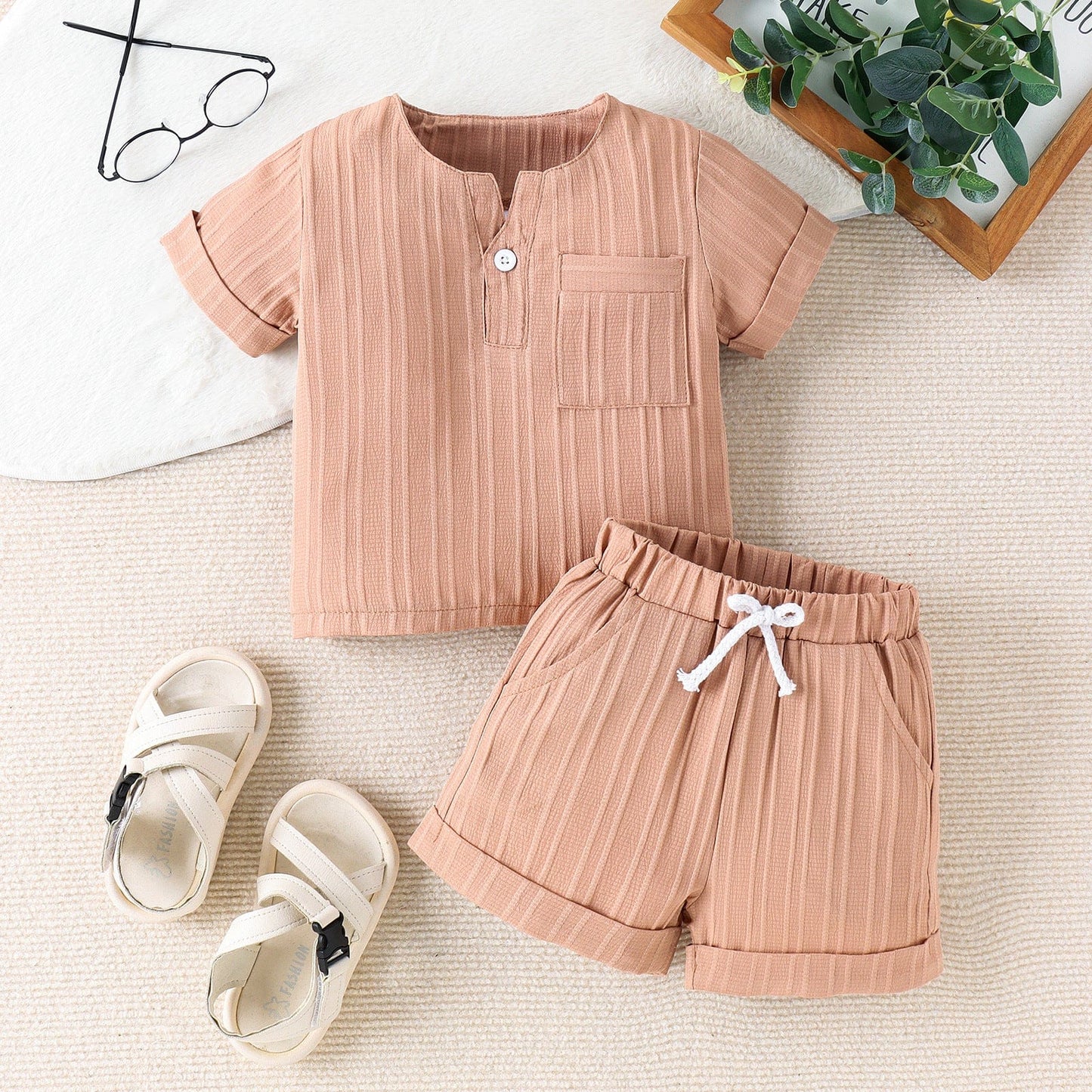 Solid Color And V-neck Short-sleeved Shorts Suit Two-piece Set Mini merveille