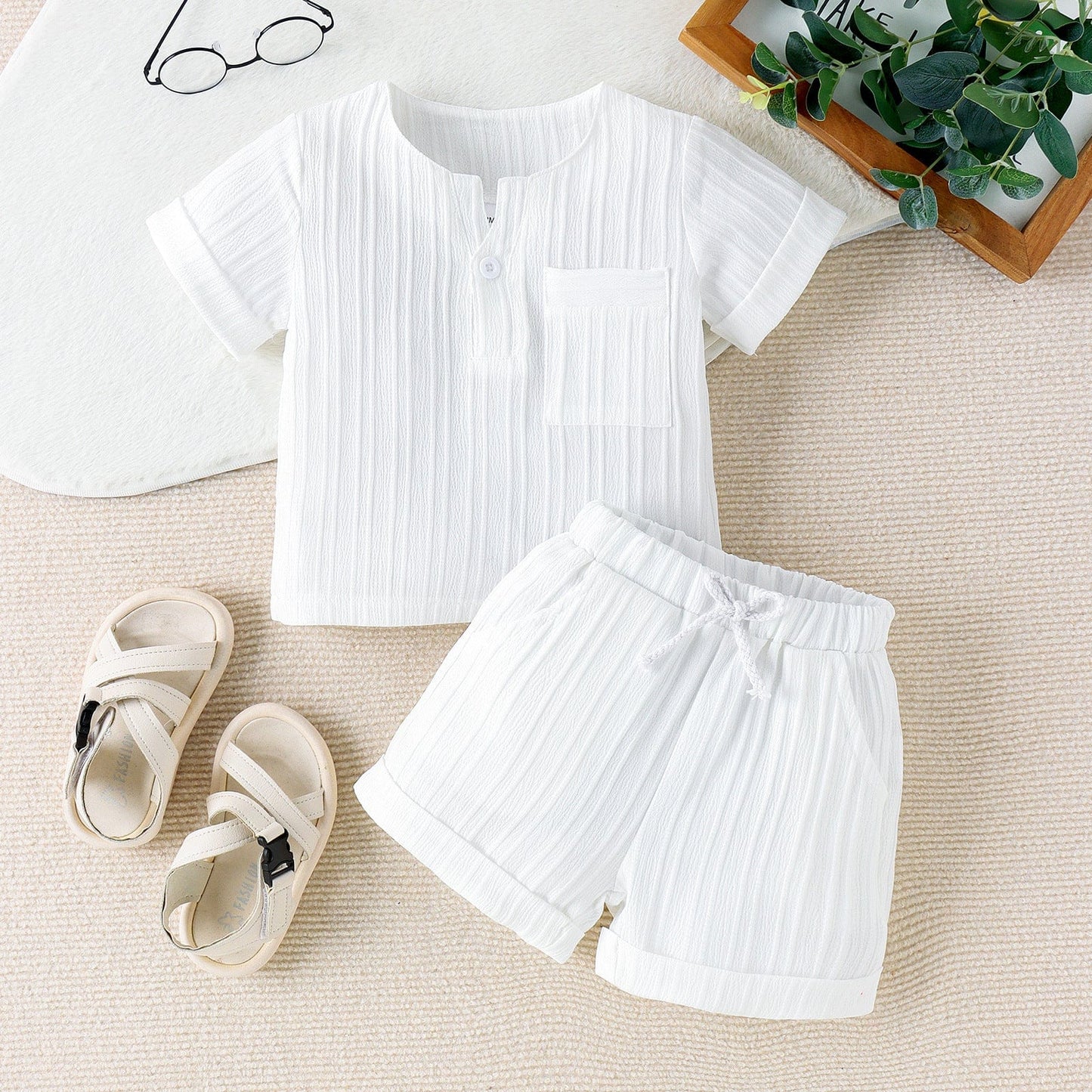 Solid Color And V-neck Short-sleeved Shorts Suit Two-piece Set Mini merveille