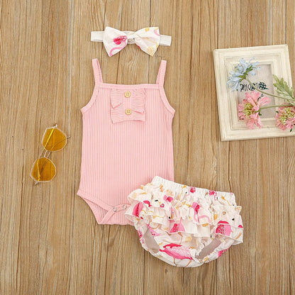 Sunken Stripe Sling Triangle Rompers Flounced Skirt Three-piece Set Flamingo / 100cm Mini merveille