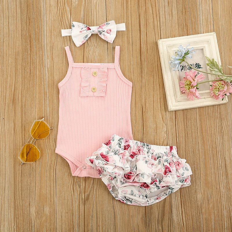 Sunken Stripe Sling Triangle Rompers Flounced Skirt Three-piece Set Flower / 100cm Mini merveille