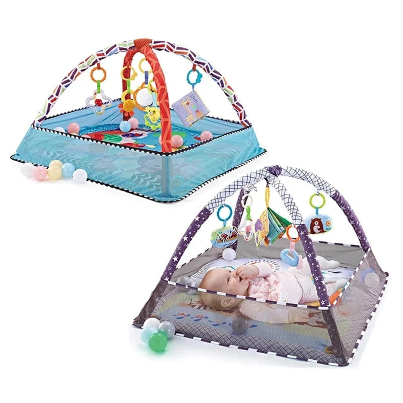 Tapis d’éveil bébé avec arches, jouets suspendus et filet de sécurité

