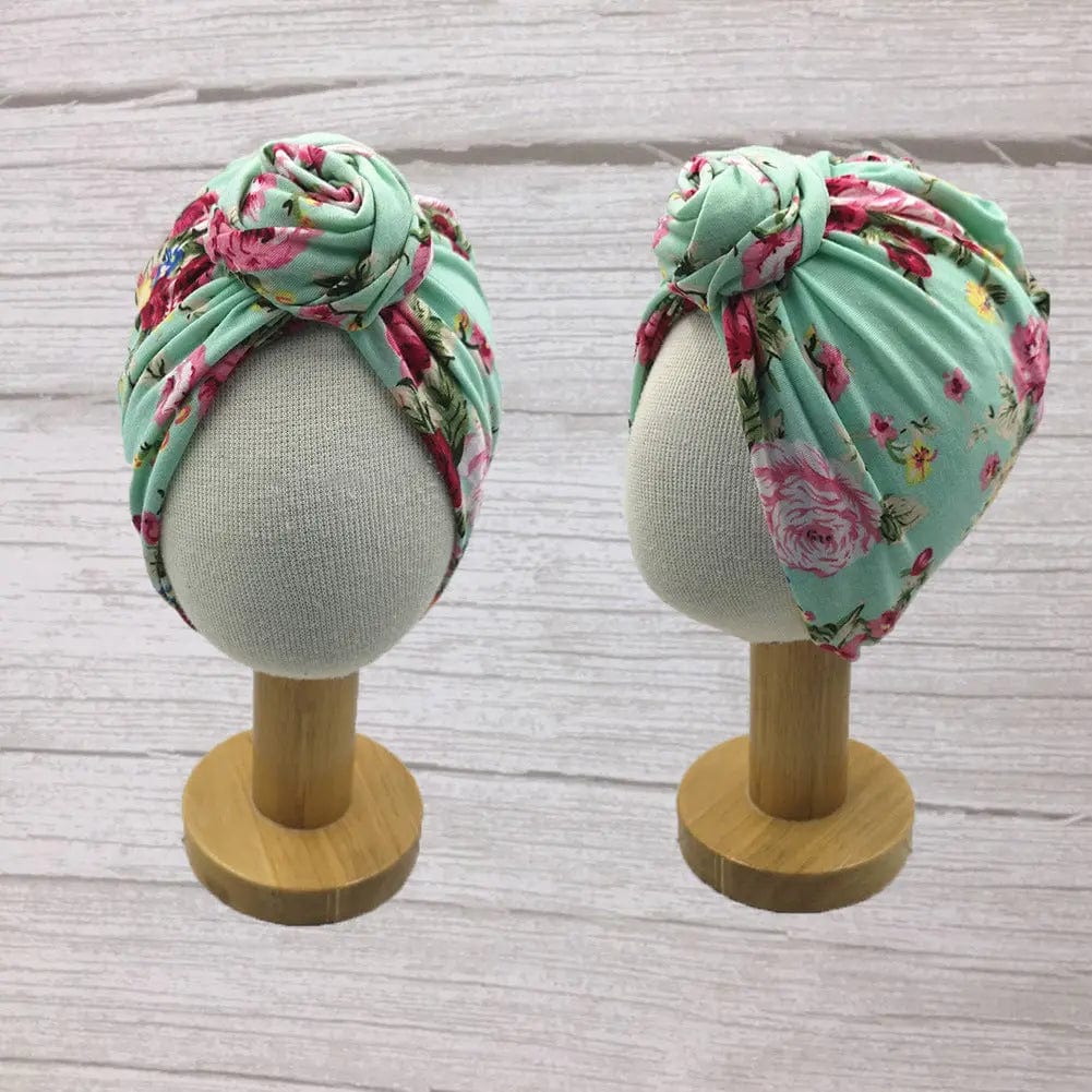 Turban à nœud  pour bébé Vert à fleurs Mini Merveille